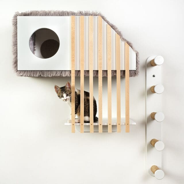 Casuta pisicii cu terasa gri cu zgairici scara pentru pisici
